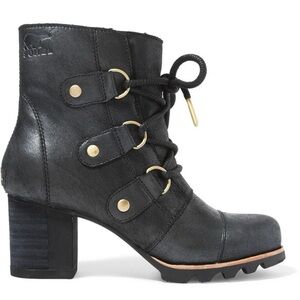 SOREL Black Addington Genuine Shearling Holiday Waterproof Lace Up Ankle Boot